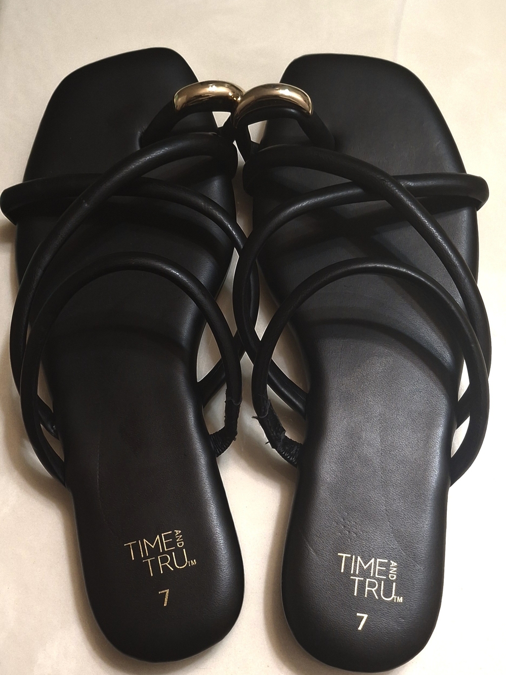 Time and Tru Black Strappy Slide Sandals with Gold Ring